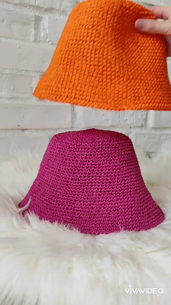 Bucket Hat Raffia in Hot Pink Crochet Straw Hat Summer Beach Sun