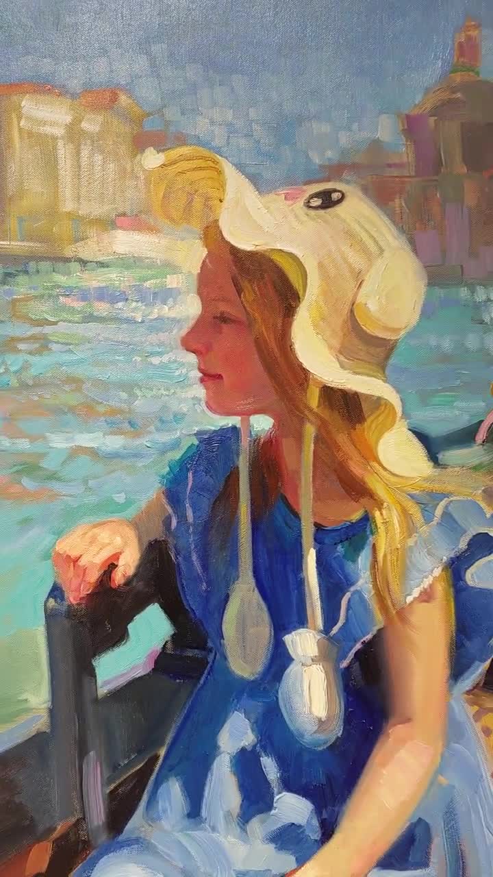 ヴェネツィアのオリジナル絵画「麦わら帽子の少女」海景油絵