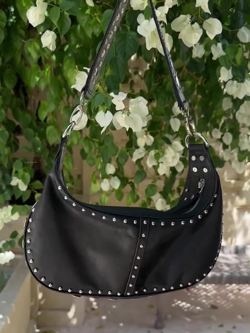 Black Studded Leather Hobo Shoulder Handbag, Shoulder Purse