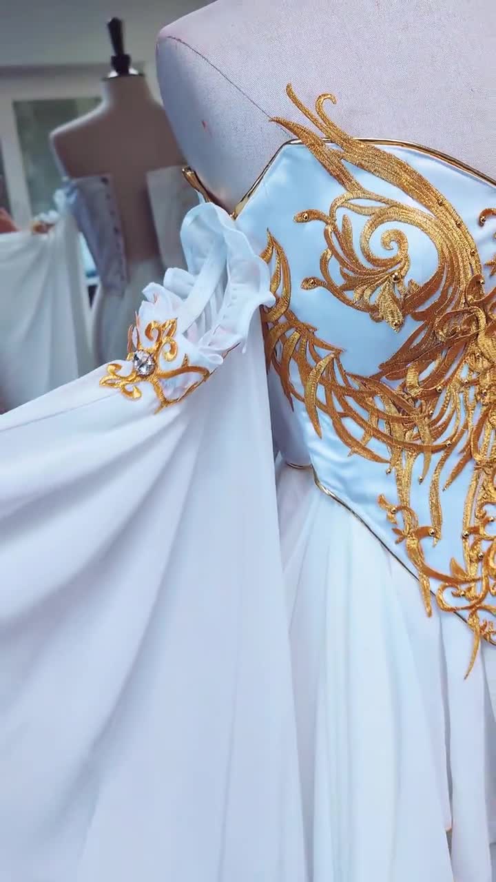Custom-made fantasy dress, White and gold embroidered elven wedding