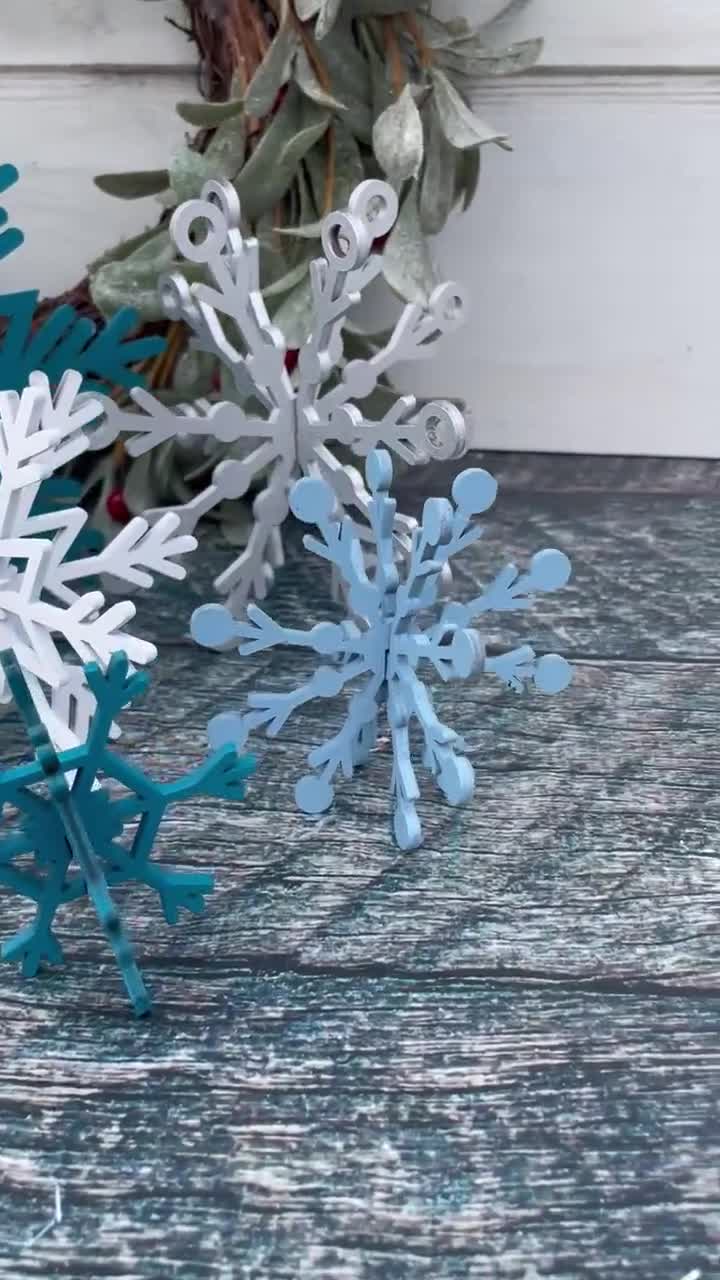 Glitter 3D Snowflakes, Free Standing Winter Decor, Laser Cut Wood in 5 Size  Options, Silver or Blue 