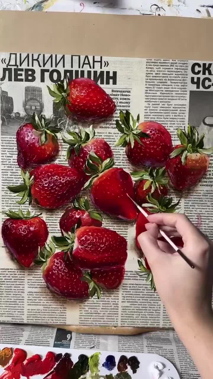 フランス人気作家　キロメロ　原画オリジナル　イチゴの庭 イチゴアート フルーツウォールアート イチゴの絵画 静物画 新聞アート