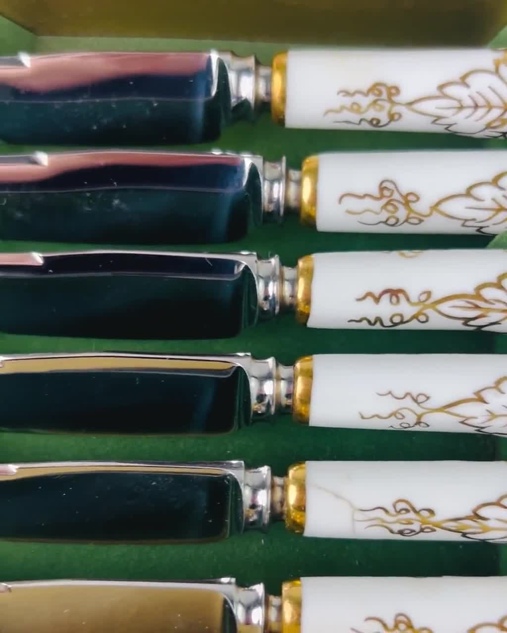 Vintage Royal Crown Derby Knives, Gold Vine Embossed China Handles