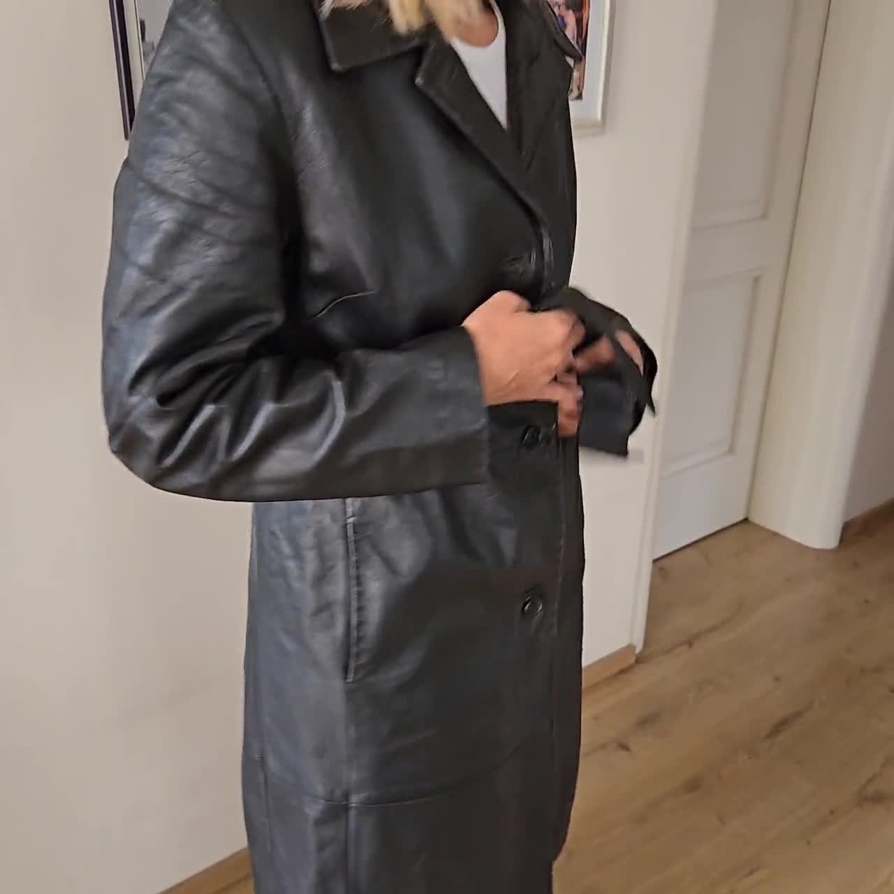 Vintage Black Leather Trench Coat Women Medium Size Gift for