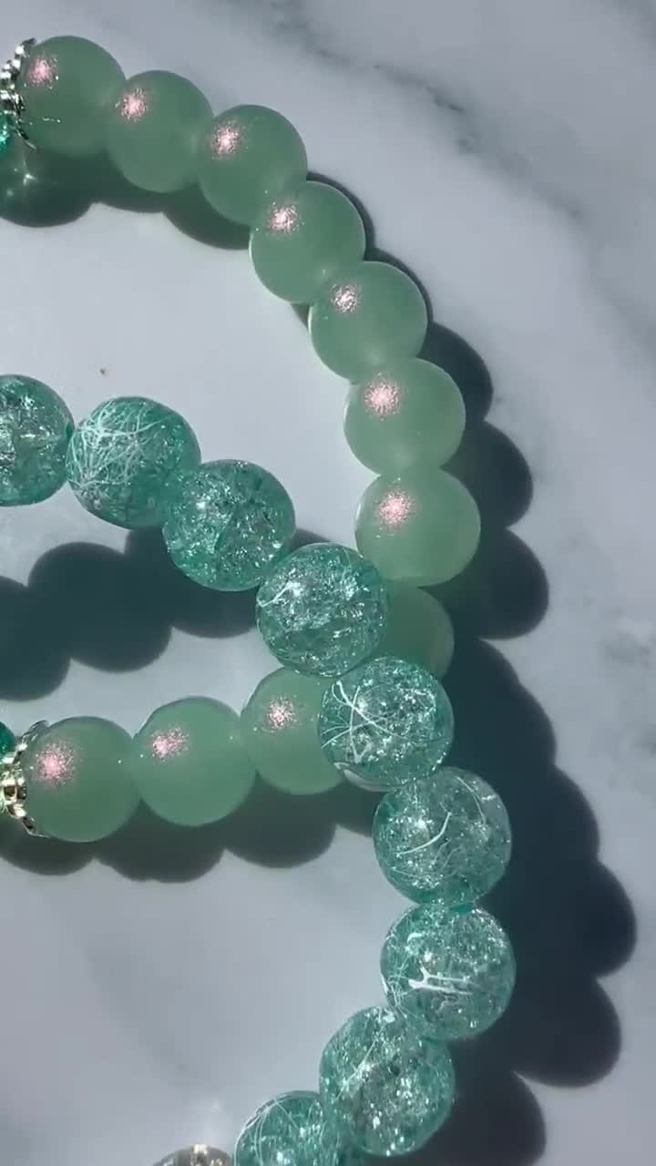 Blue & Green Pastle Crackle Glass Bead Bracelet | Handmade
