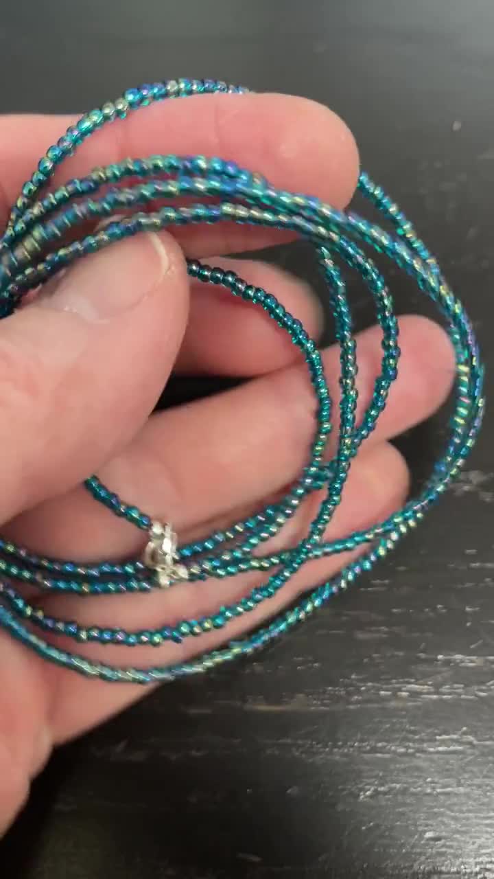 Transparent Rainbow Teal Seed Bead Necklace, Thin 1.5mm Single
