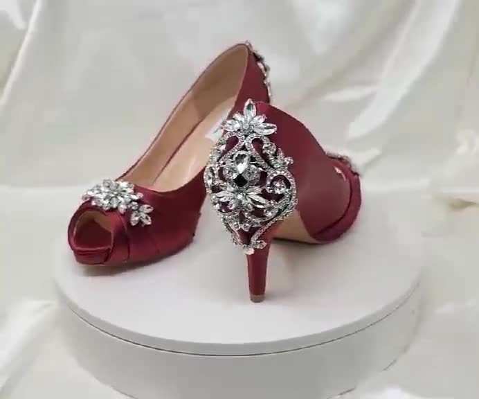 Burgundy Satin Wedding Shoes With Floral Lace Embellishment, Low Heel  Bridal Shoes - Etsy