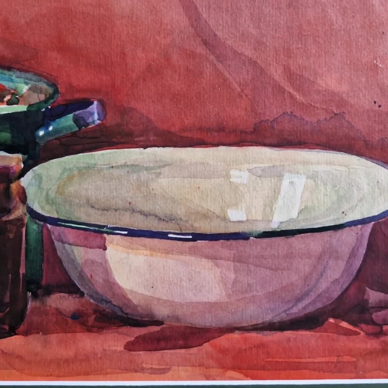 ヴィンテージオリジナル絵画 水彩画 調理鍋 静物画、鍋と洗面器