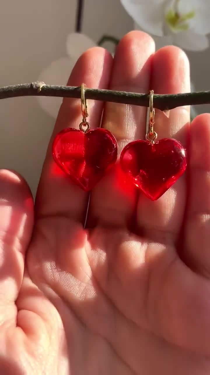 Orecchini Pendenti Grandi A Forma Di Cuore Cavo Con Fiamma - Acrilico Rosso - Accessori Bohemien Punk Per Donne E Ragazze