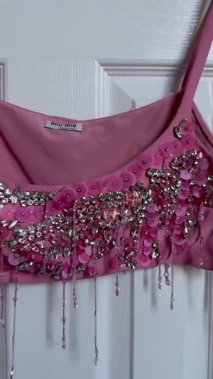 Miu Miu Pink Spaghetti Strap Mini Top With Embroidery