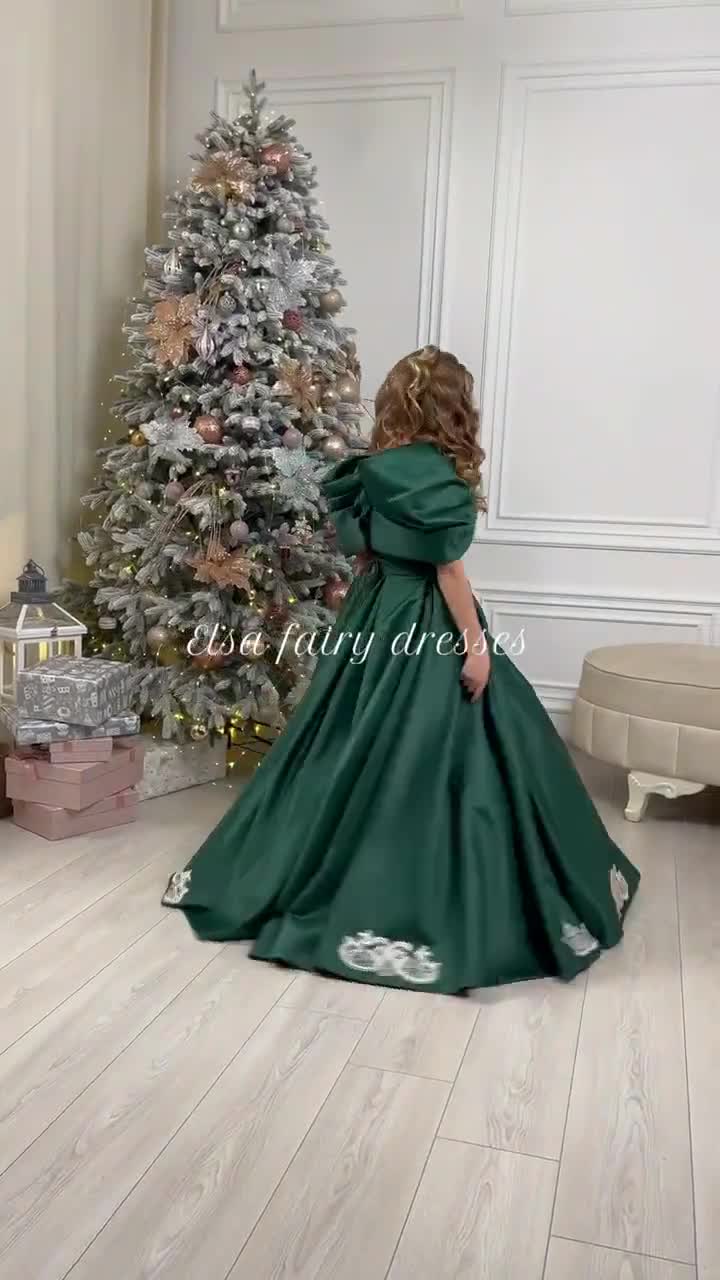 Green Satin Christmas Dress: Toddler Lace Gown, Detachable Bolero