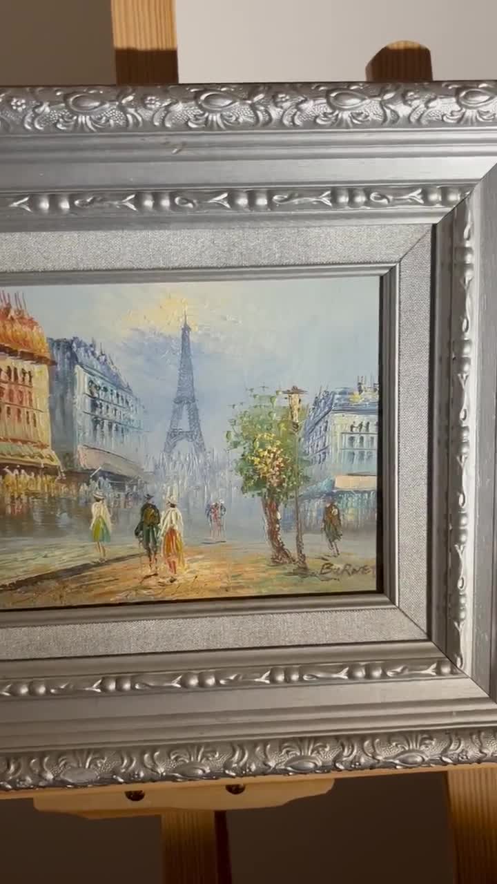 ヴィンテージ パリの街並みの油絵：エッフェル塔、華やかなシルバーの
