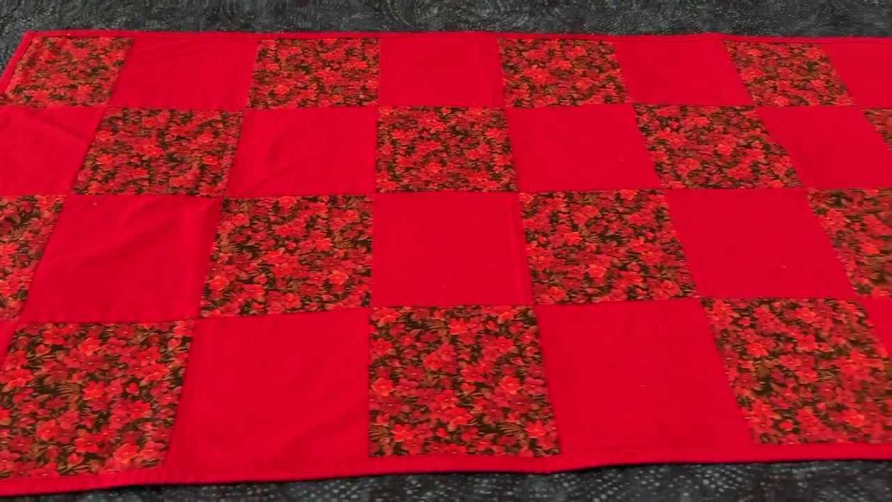 Art Quilt 'Shady Red Flowers' Chair Lap Quilt Table Cover Miniature Throw store Sofa Small One-Of-A-Kind Gift Décor Mini Art Cuddly Summer Blanket