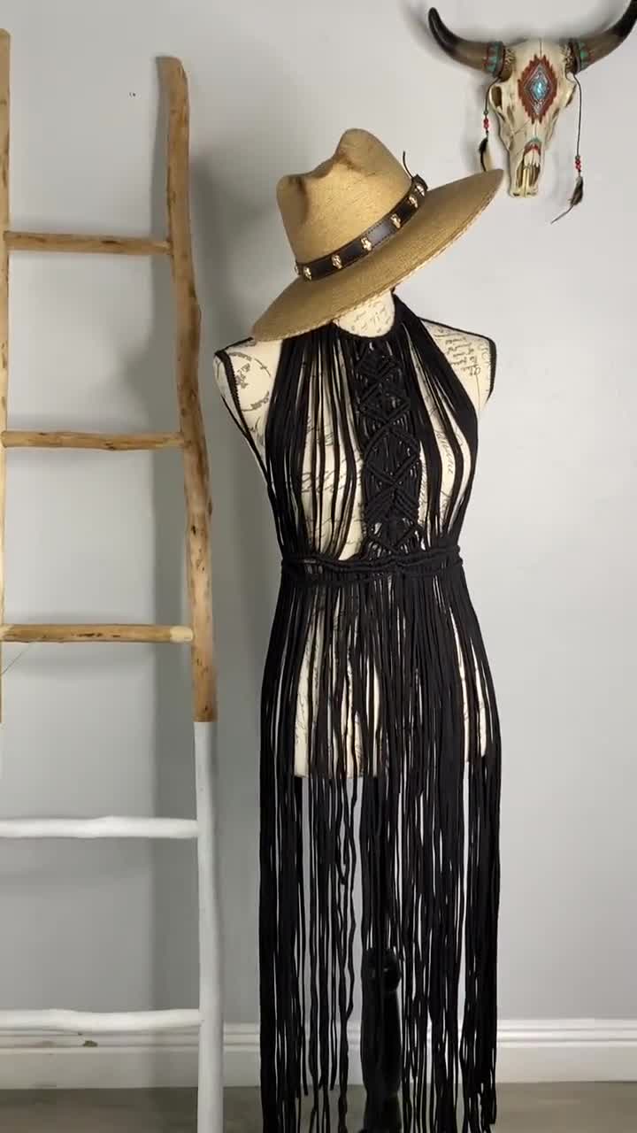 Boho Black Maxi Dress, T-Shirt Yarn Fringe  Festival Outfit