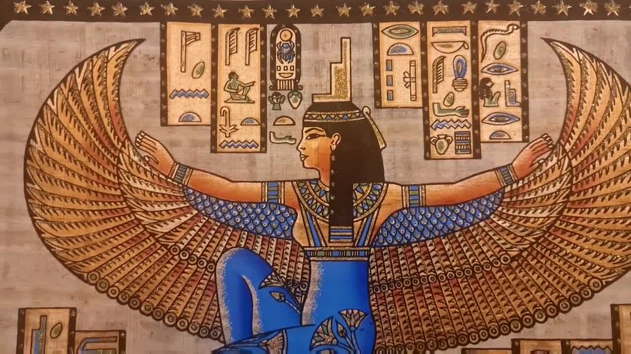 翼を持つ女神イシスのパピルス画、エジプトの象形文字アート（15インチ