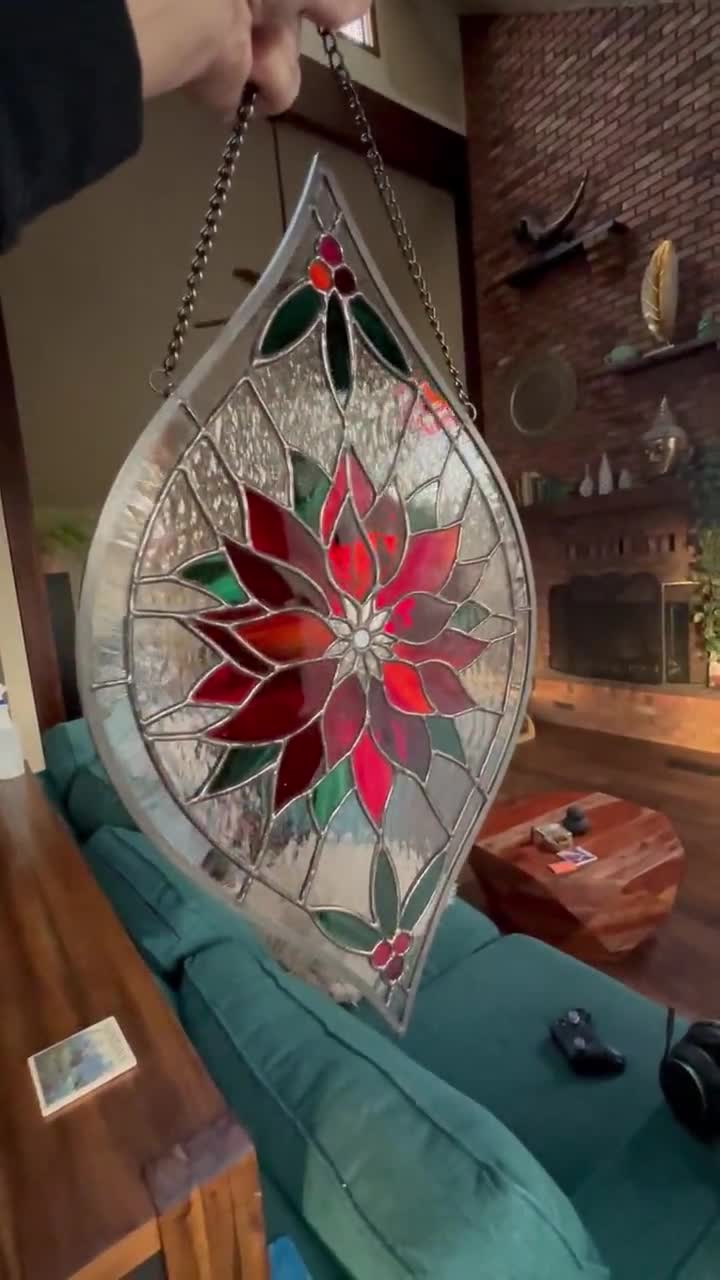 ポインセチアのステンドグラスパネル - クリスマスサンキャッチャー窓