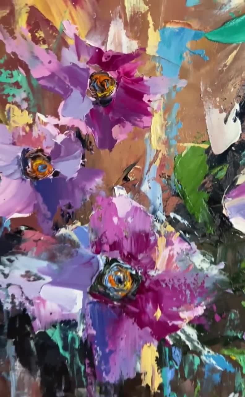 送料無料】色とりどりの庭 花 抽象画 油絵