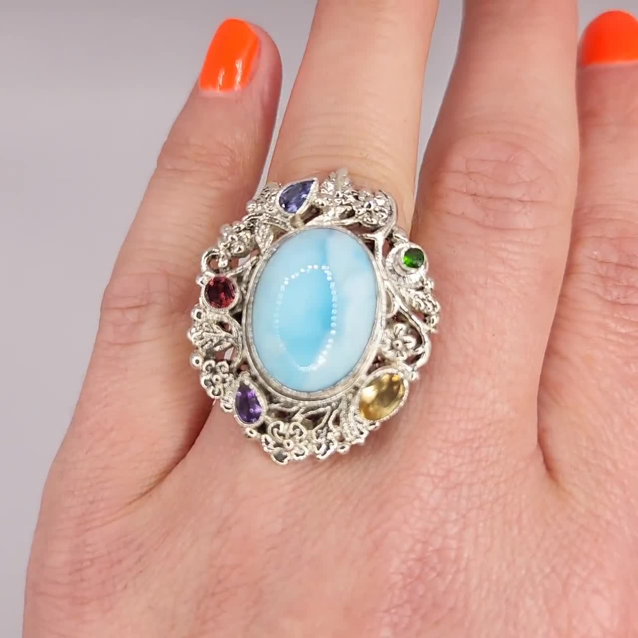 Multi-gemstone Larimar Ring in Platinum Over Sterling Silver
