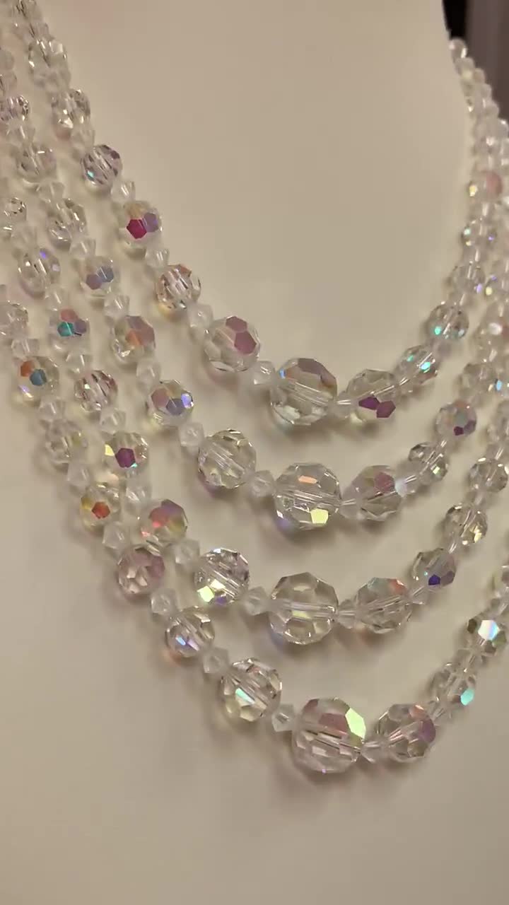 Vintage Iridescent Austrian Aurora Borealis Crystal Four Strand, Unsigned  Necklace Wedding Gift 