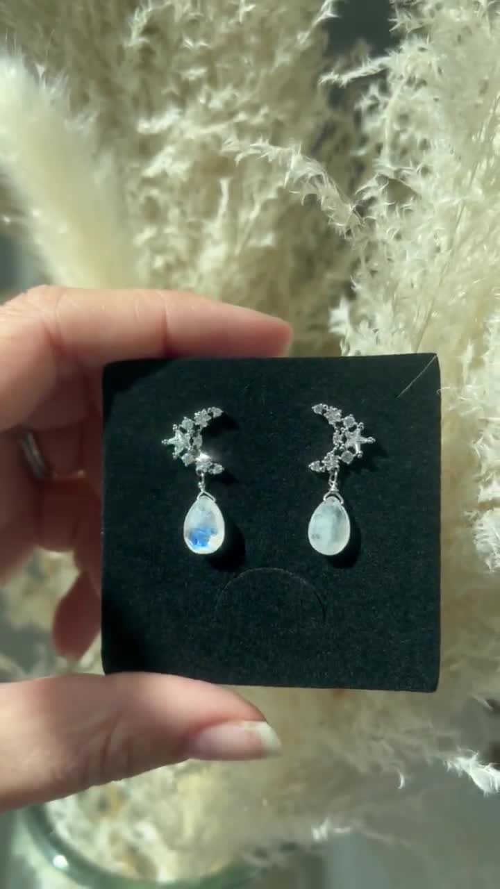 Selene Moon Earrings, Moonstone Drop Earrings, Crescent Moon