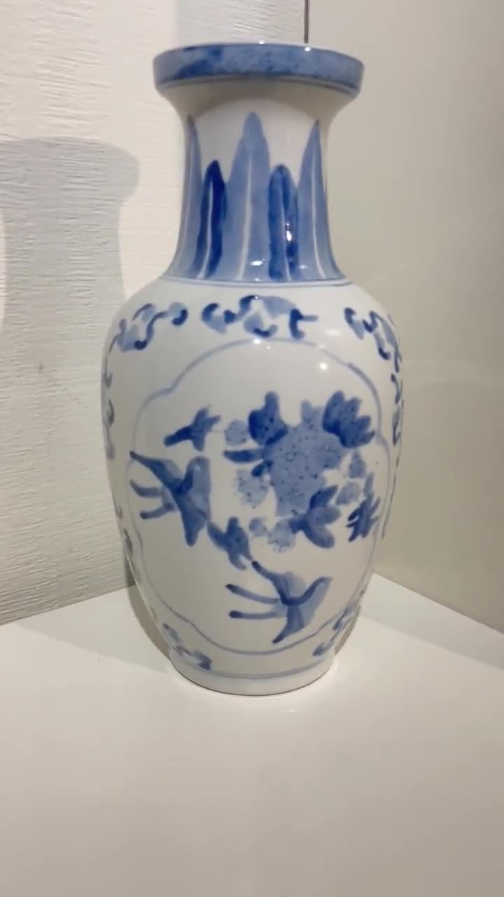 花と鳥の絵柄 陶器花瓶 中型 多色陶器花瓶 花と鳥のデザイン