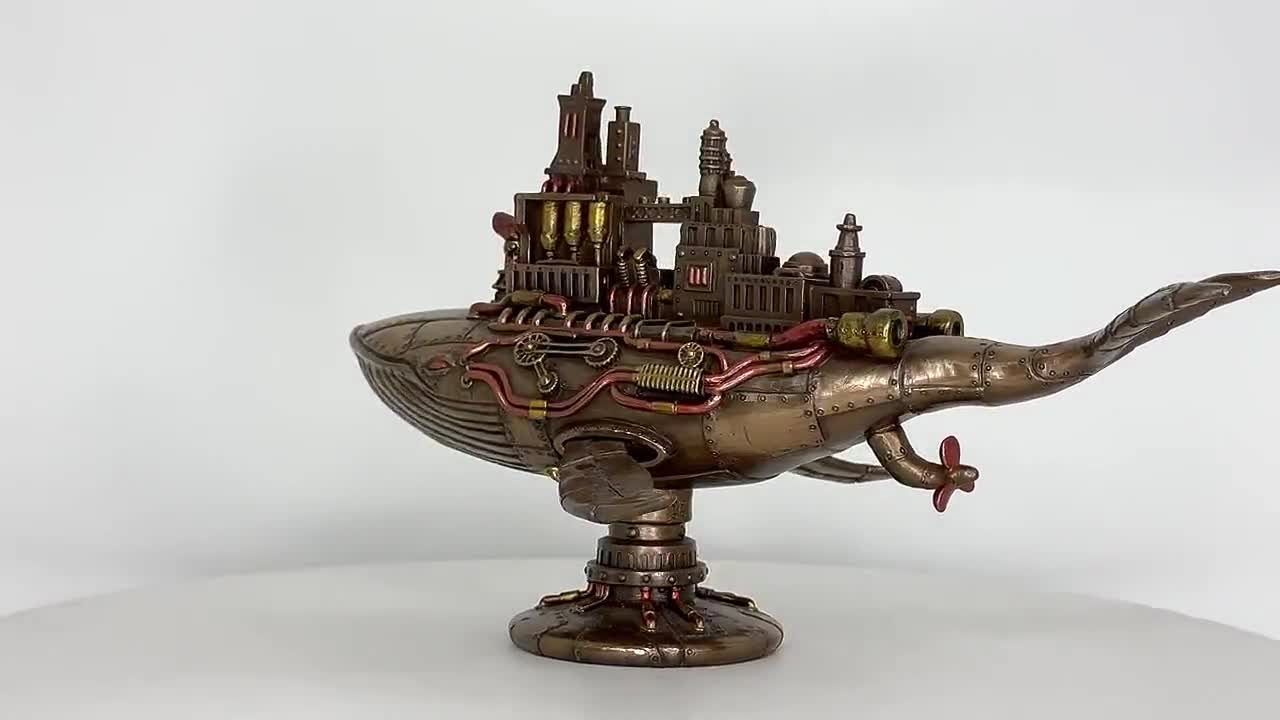 スチームパンクなクジラの潜水艦像：ブロンズ樹脂製フィギュア 潜望鏡