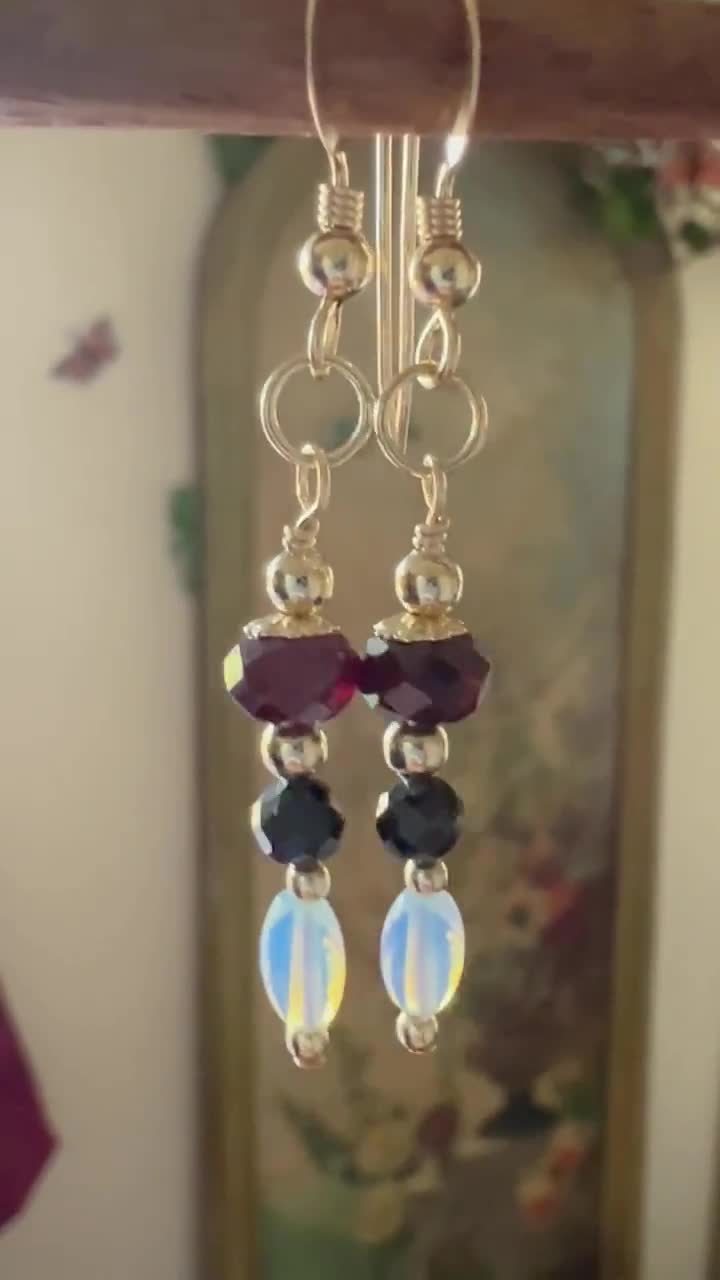 Earrings. Black Onyx Earrings Garnet Opalite 14kt Gold 