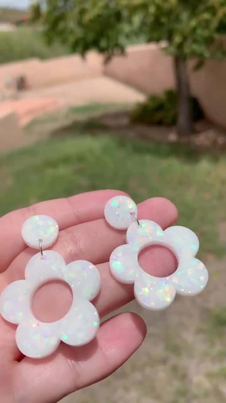 Holographic White Dangle Drop Daisy Stud Earrings | Handmade