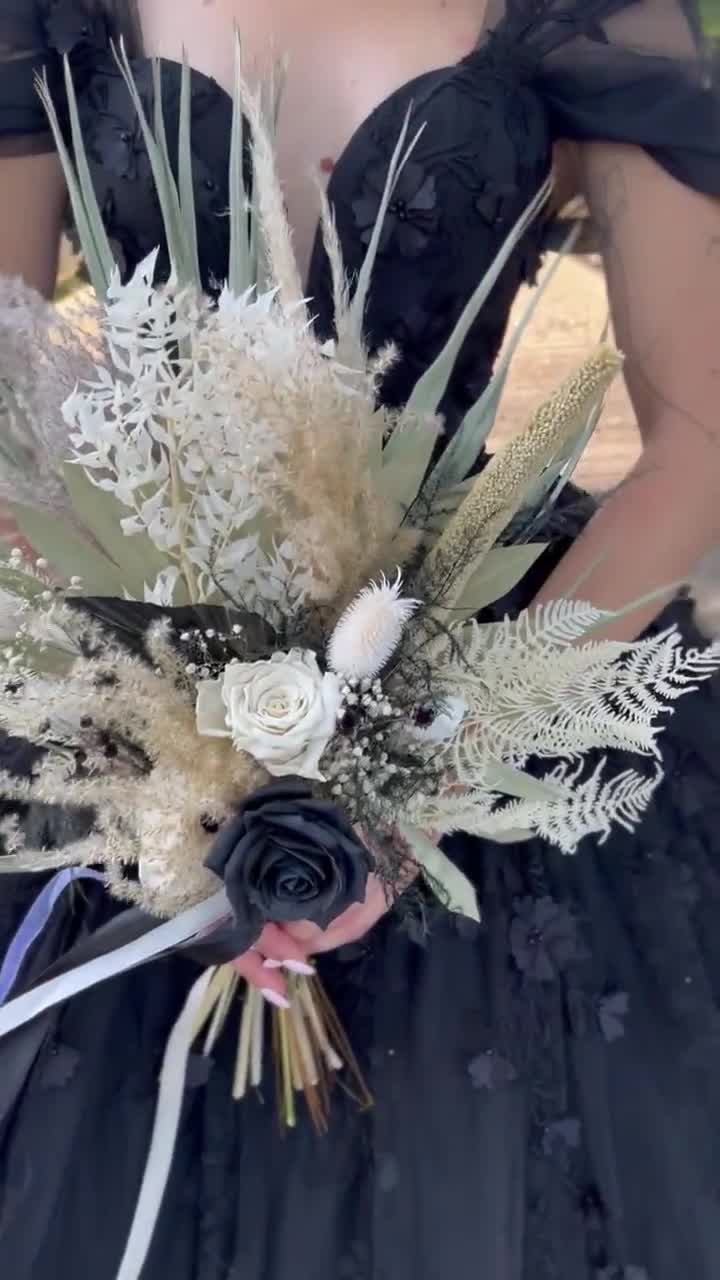 Bouquet Da Sposa Artificiale Nero Lovmeety, Fiori Vintage In Seta E PU Con Rose E Orchidee Viola, Per Matrimoni E Decorazioni Halloween - 2