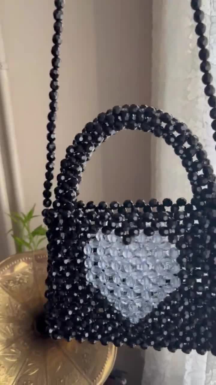 Heart Bead Bag, Black Bead Bag,handmade Bead Bag, Blue Heart