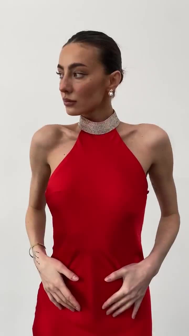 fitted lace wedding dress Simple V Neck Red Satin Long Prom Dresses With High Leg Slit, Sexy Red   morievent