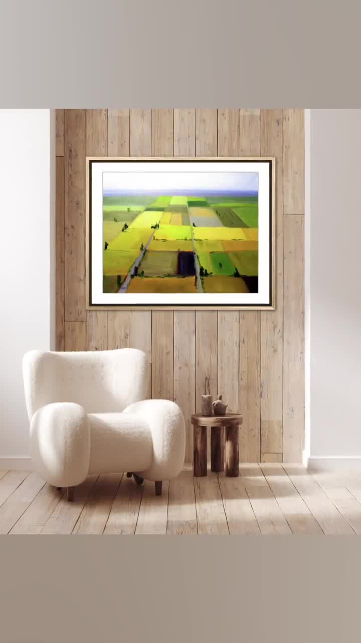 Aerial View Farm Country Art, Farmland Fields Countryside Artwork