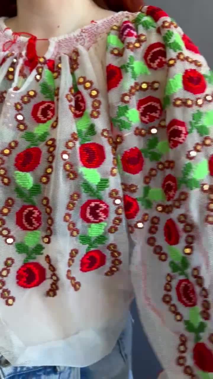 トップス antique Rumania blouse Vintage Peasant Top Blouse Romanian Embroidered Floral 70s