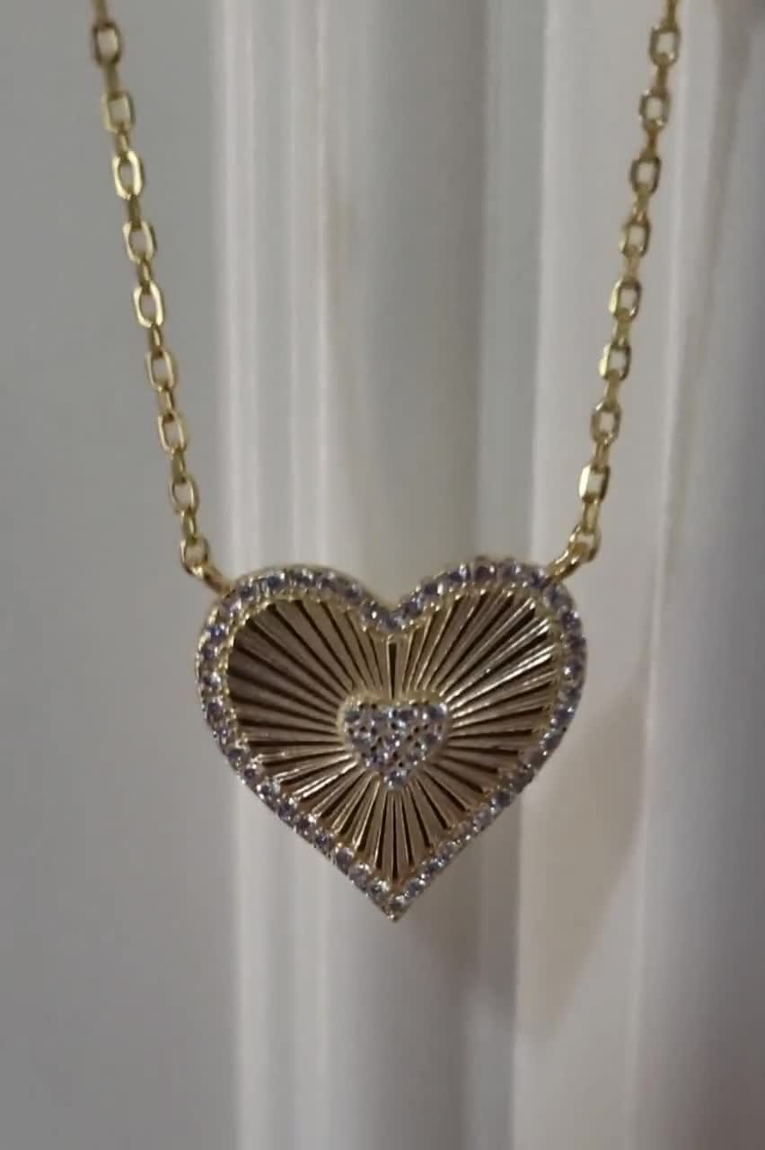 High Quality Fluted Heart Necklace, Vermeil 925 Rhinestone