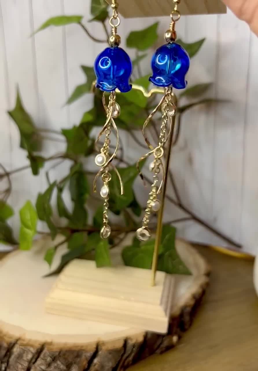 Royal Blue or Pink Glass Jellyfish and Pearl Gold Chain Drop Dangle Earrings.  Gift for Her. Animal Earrings. 
