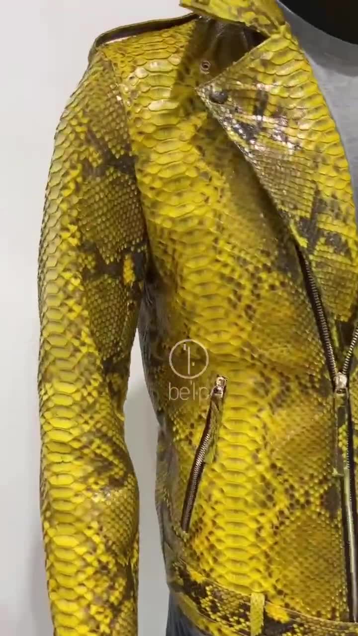 Custom Man’s Snakeskin Biker Jacket, Motor Python Leather Jacket, Yellow  Leather Jacket For Man