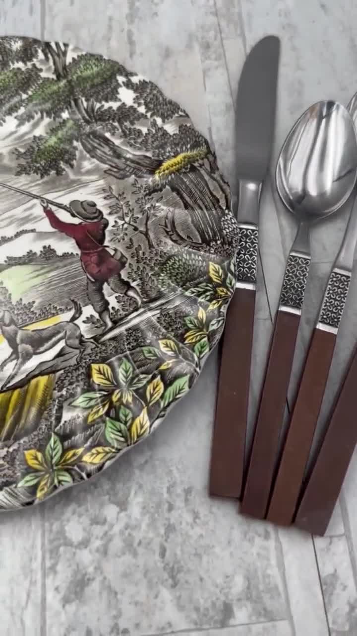 Vintage Oneida Northland Flatware Set: Faux Wood Handle, Service