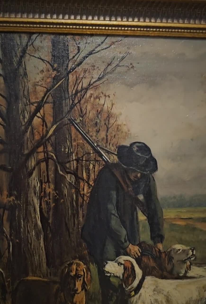 アンティークオランダ狩猟油絵、19世紀の署名入りアートワーク