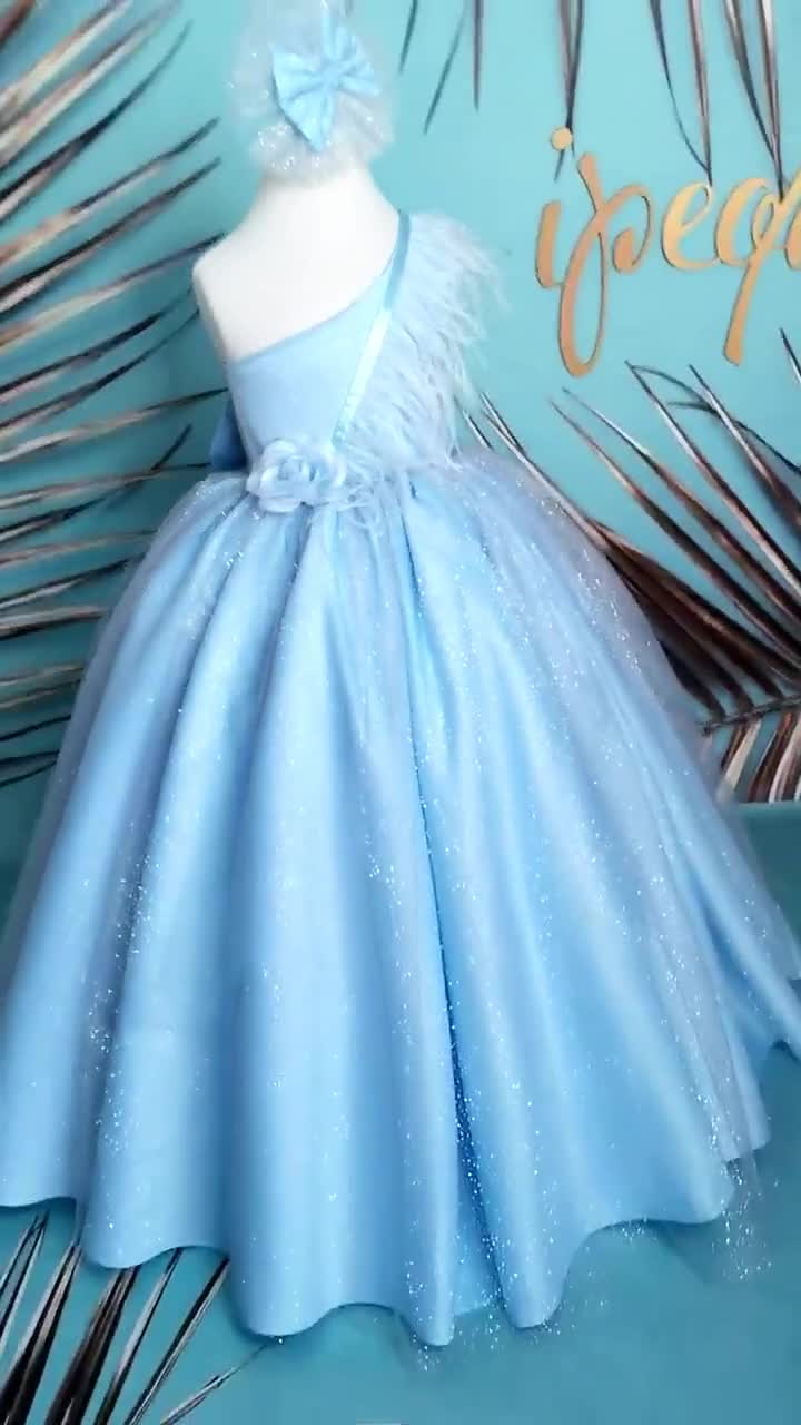 Cindirella Baby Blue Glittered Long Toddler Prom Dress, Floor Length  Princess Ball Gown