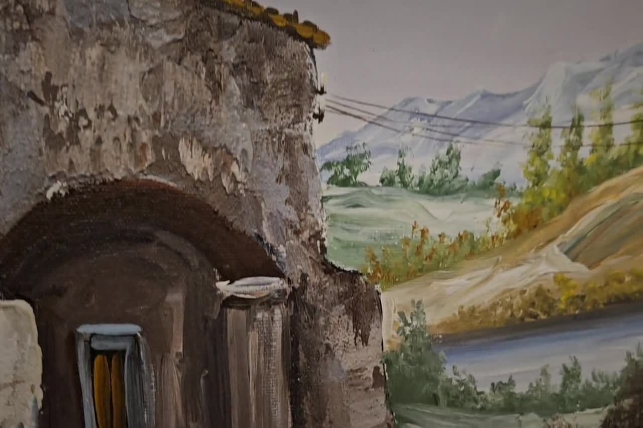 アンティークなイタリア風景油絵、素朴なトスカーナの村の風景、サイン