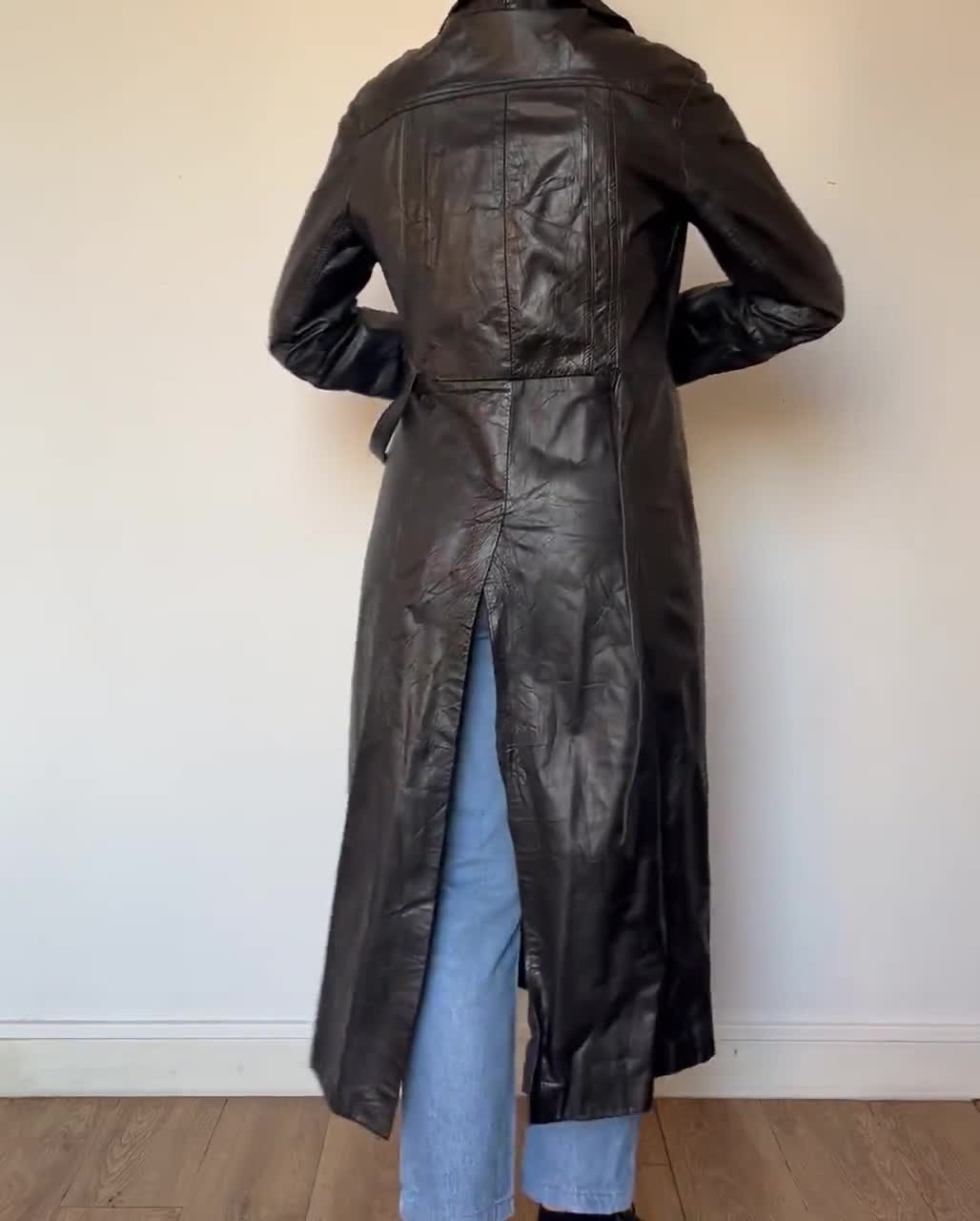 Hotsell Unisex Black Large Leather Vintage Trench Robe Coat With Belt