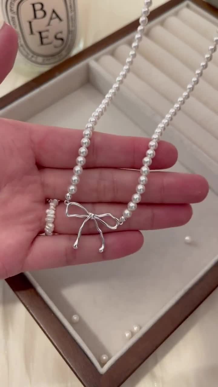 925 Sterling Silver Bow Pearl Necklace, Silver Ribbon Pearl