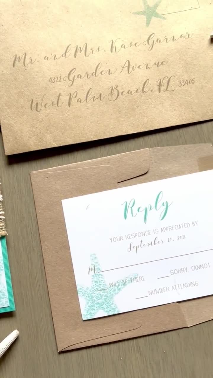 Aqua Starfish Beach Wedding Invitation: Burlap \u0026 Twine Wrap, image size:720x1280