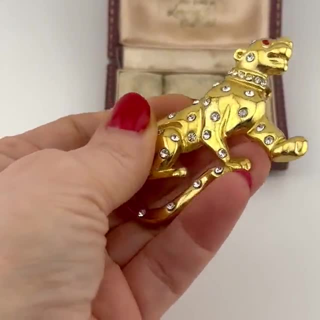 Vintage 1980s Leopard Brooch, Gold Plated Swarovski Crystal Jaguar