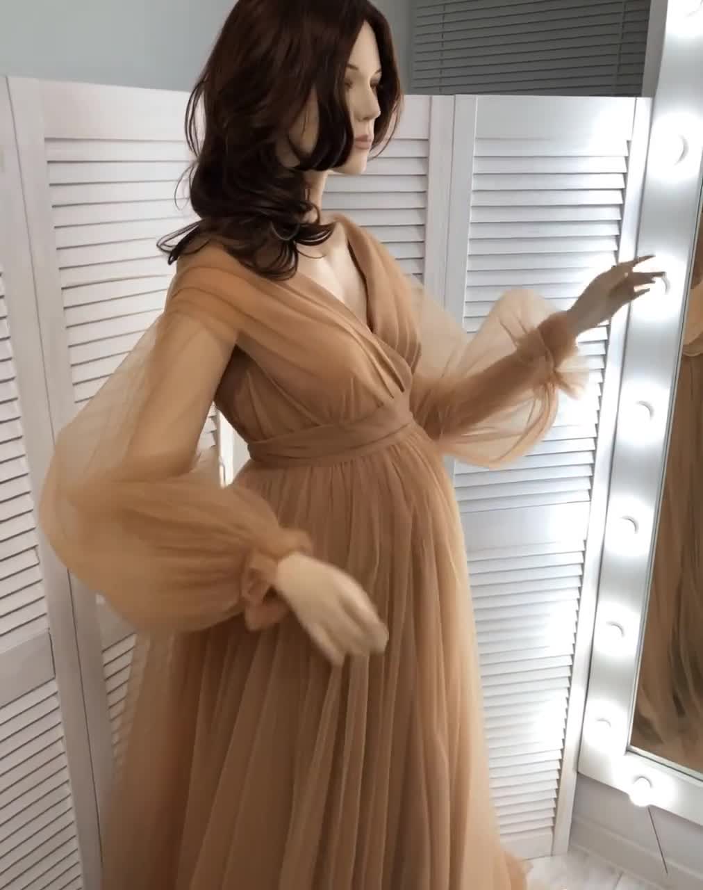 knee length dresses for ladies Beige Shimmer Mesh Long Sleeve Ruched Maternity Midi Dress main image 0