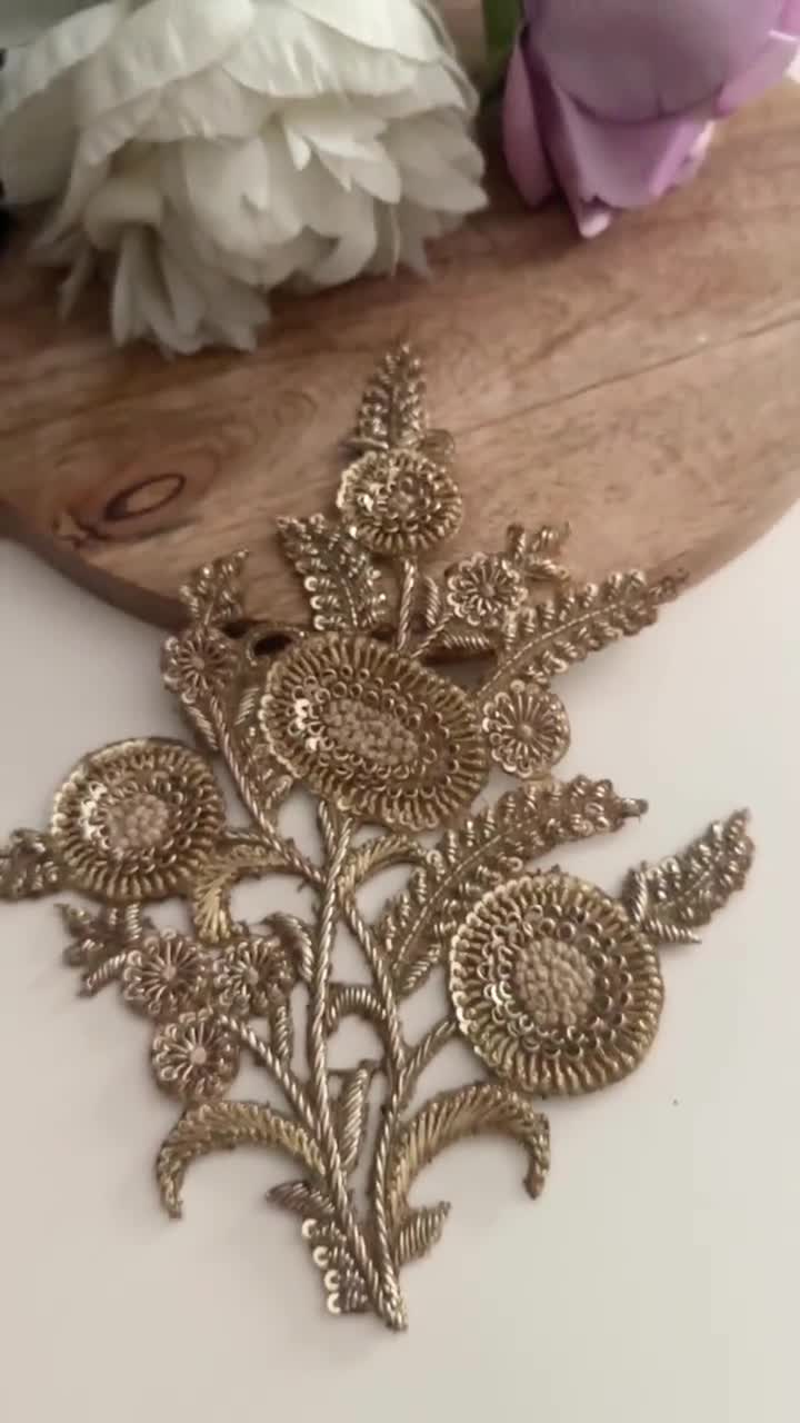 Gold Floral Zardozi Applique Patch: Hand Embroidered French Knot