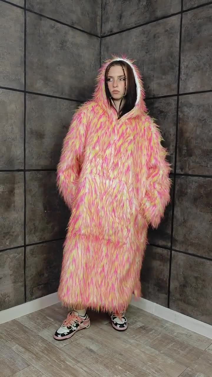 Shaggy Pink Yellow Faux Fur Jumpsuit Oversize Hooded Coat, Fluffy