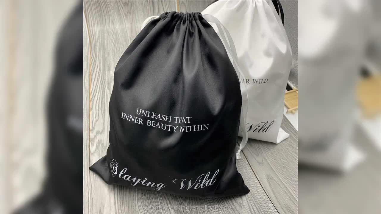 Custom Satin Bundle Bag With Gold Print Black/white Bags With Gold Print  ,custom Printed Bulk Satin Hair Storage Bag,satin Drawstring Dust -   Israel