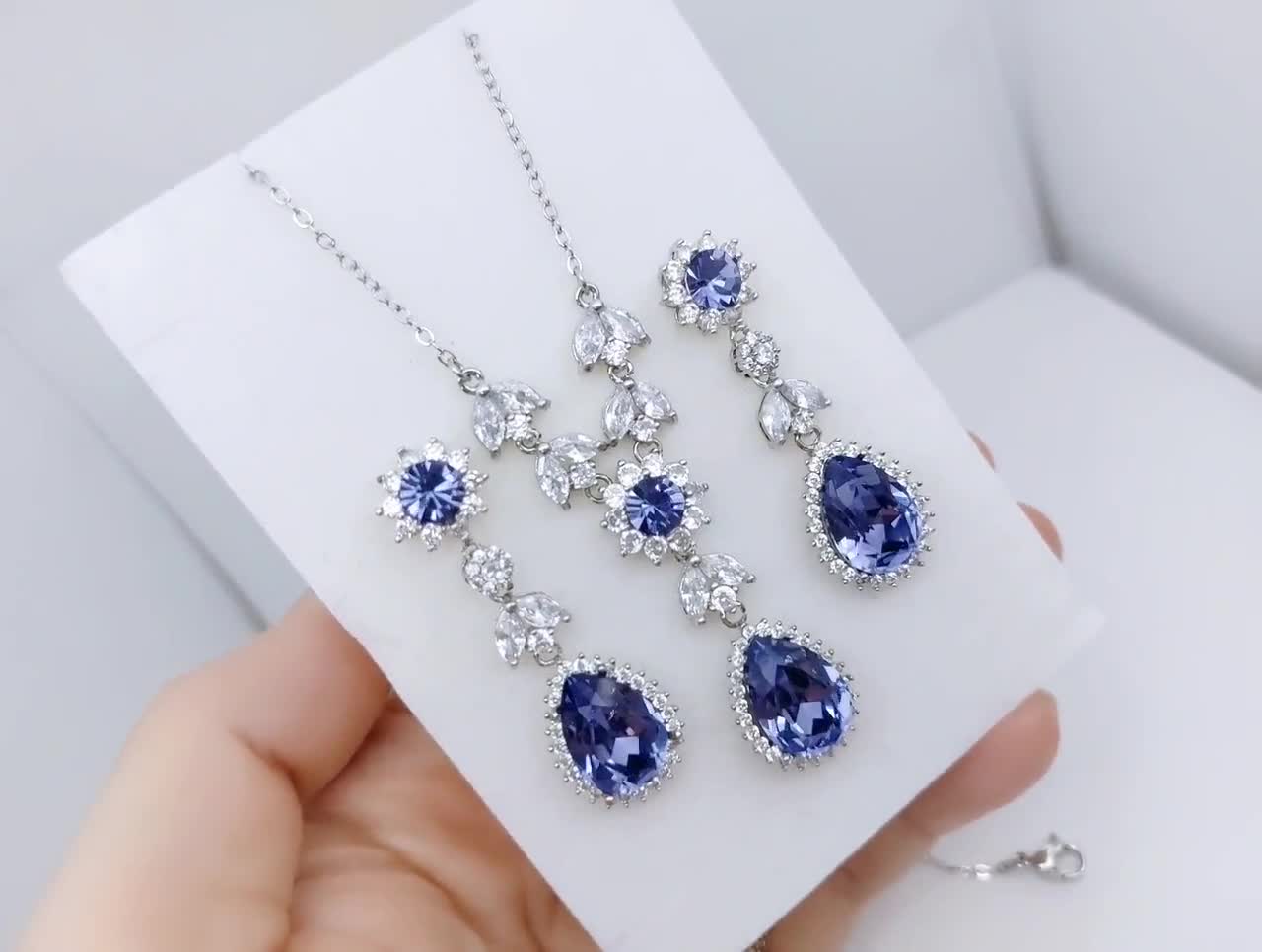 Swarovski Tanzanite Bridal Jewelry Set, Cubic Zirconia, Sterling