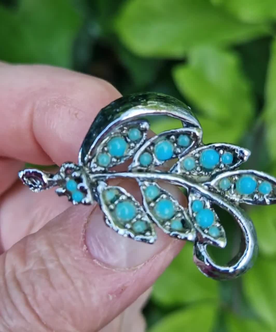 Broche Ancienne Star, Rectangle Argenté, Fausses Perles Et Turquoise, Années 1930